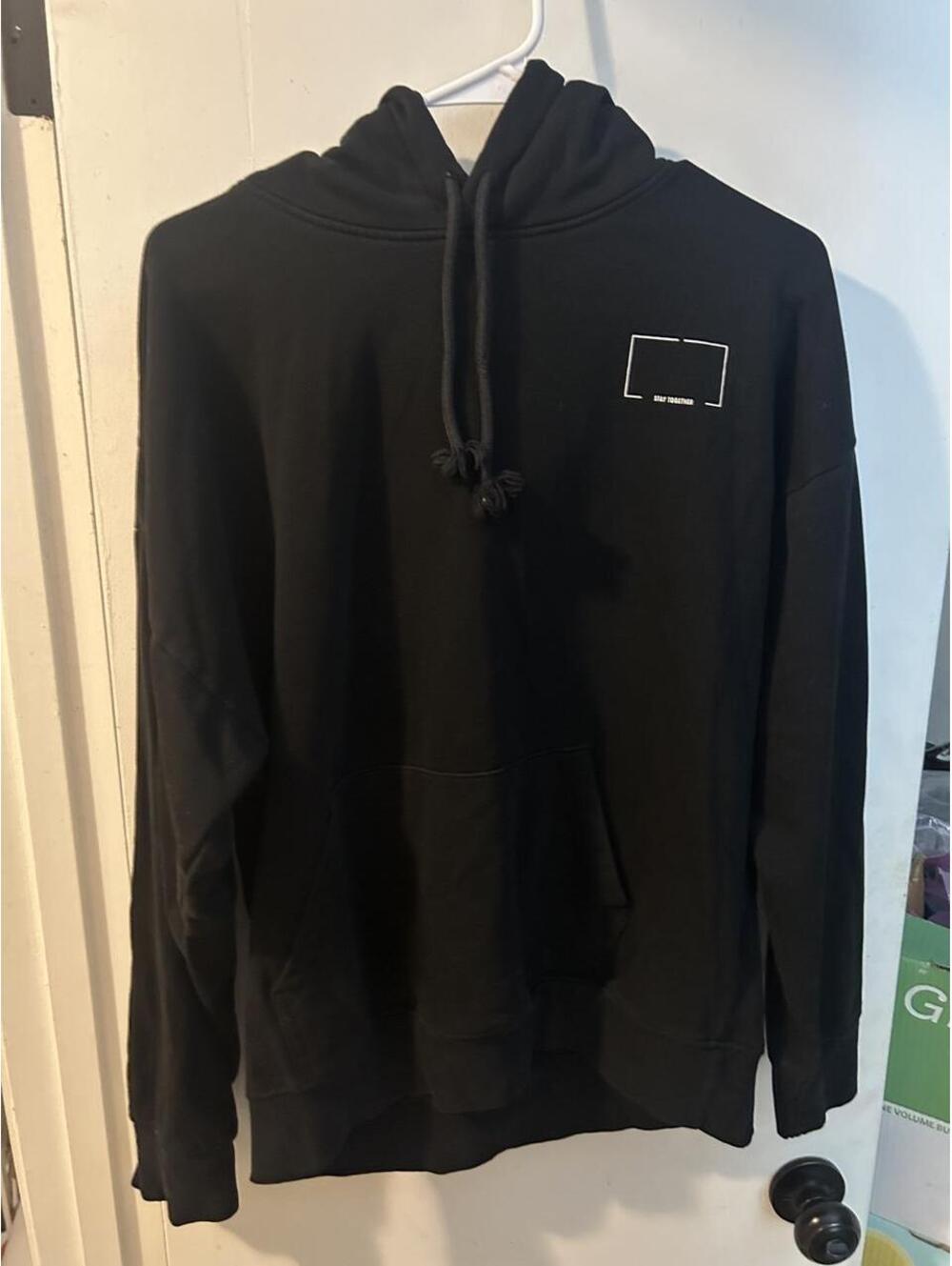 Black H&M World Map hoodie with white rectangular logo, size S